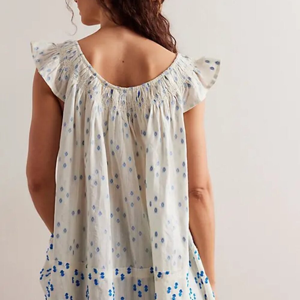 Free People We The Free Jules Flowy Cotton Tunic Top Flutter Sleeve Ivory Blue S - Picture 7 of 8